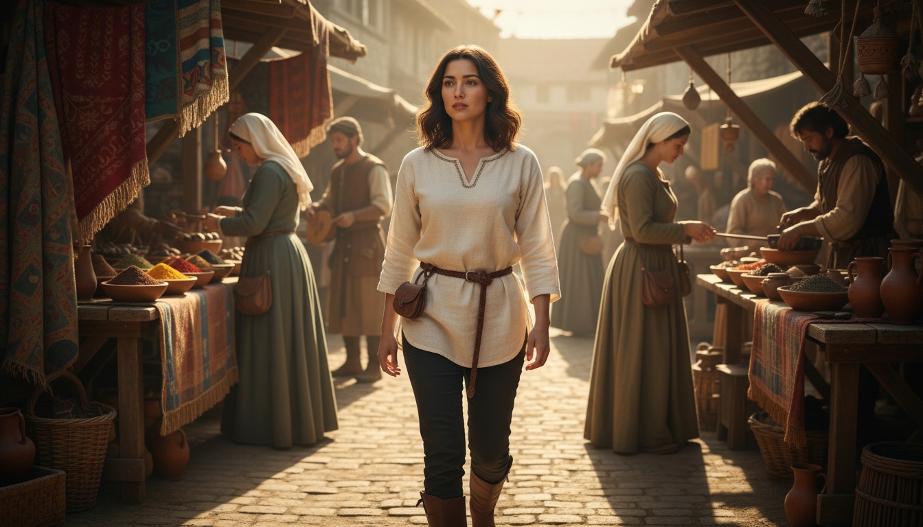 Sunlit medieval marketplace